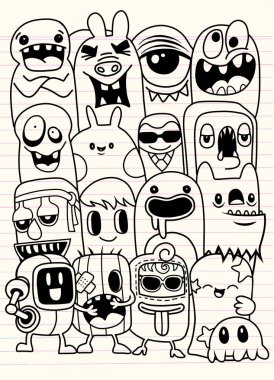 Canavarlar ve sevimli uzaylı dost, güzel, şirin çizilmiş canavarlar koleksiyonu vektör Eps 10 illüstrasyon vektör çizim.