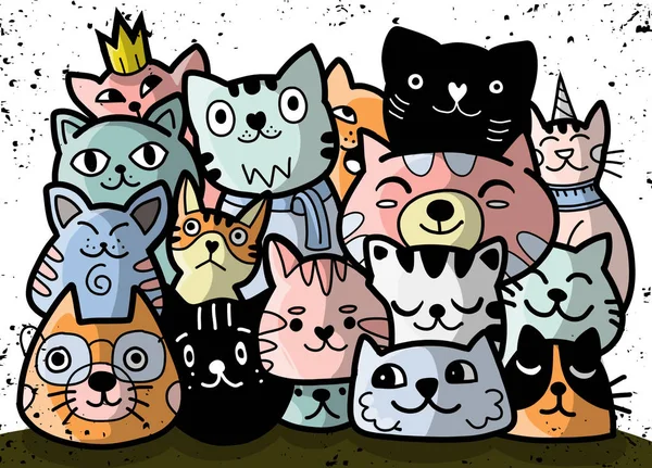 Doodle Katter Gruppen Olika Arter Katter Vektorillustration — Stock vektor