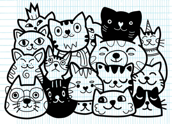 Doodle Kedi Grubu Kediler Vektör Çizim Farklı Türler — Stok Vektör