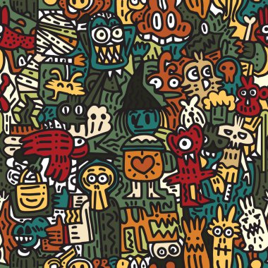Cadılar Bayramı. Doodle ve karikatür tarzı elemanları seamless modeli.