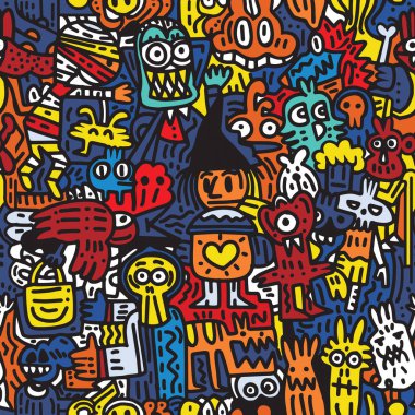 Cadılar Bayramı. Doodle ve karikatür tarzı elemanları seamless modeli.