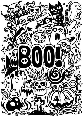 nesneler ve simgeler Halloween tema üzerinde elle çizilmiş Doodle çizgi film dizi vektör