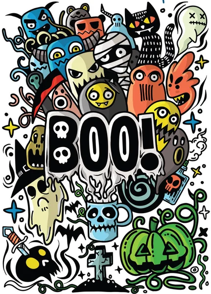 Nesneler Simgeler Halloween Tema Üzerinde Elle Çizilmiş Doodle Çizgi Film — Stok Vektör