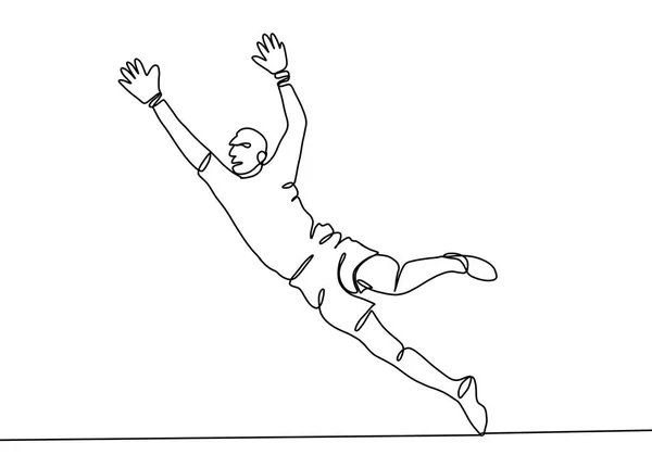 Kontinuální Kreslení Čar Obrázek Ukazuje Fotbalový Brankář Skákat Chytit Míč — Stockový vektor