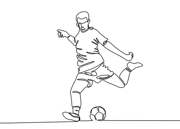 Disegno Continuo Linee Illustrazione Mostra Che Giocatore Calcio Calcia Palla — Vettoriale Stock