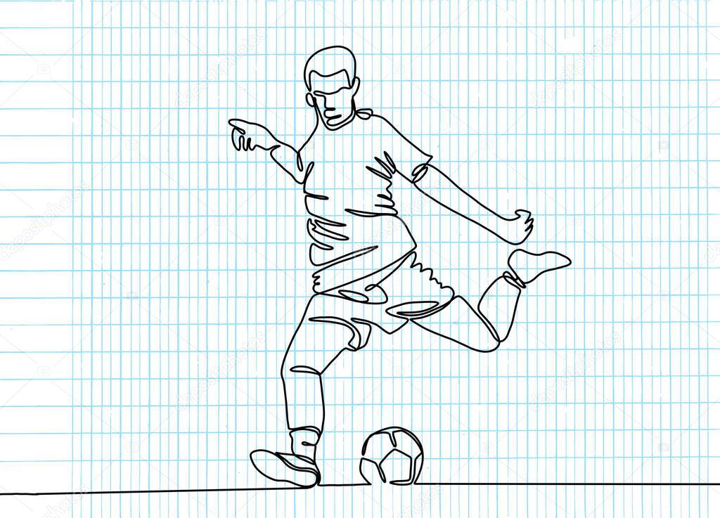 Continuous line drawing. Illustration shows a football player kicks the ball. Soccer. Vector illustration