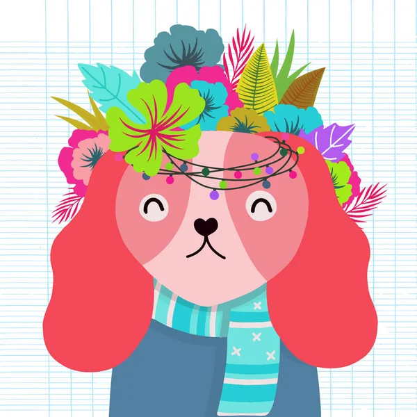 Perro Con Una Corona Floral Hecha Diferentes Flores Ilustración Vectorial — Archivo Imágenes Vectoriales