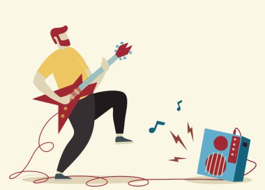 Sakallı, Punk rock yıldızı gitar ve amplifie ile genç adam. Indie rock gitaristi düz çizgi film tarzı.