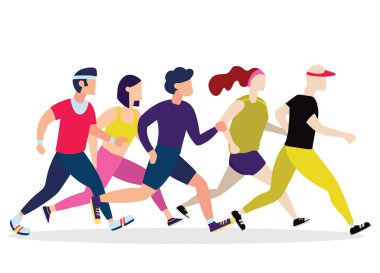 Koşu insanlar. Koşucular grup hareket. Kadın ve erkek spor arka çalışıyor. İnsanlar runner yarış, koşu ve illüstrasyon çalıştıran maraton için eğitim