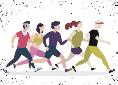 Koşu insanlar. Koşucular grup hareket. Kadın ve erkek spor arka çalışıyor. İnsanlar runner yarış, koşu ve illüstrasyon çalıştıran maraton için eğitim