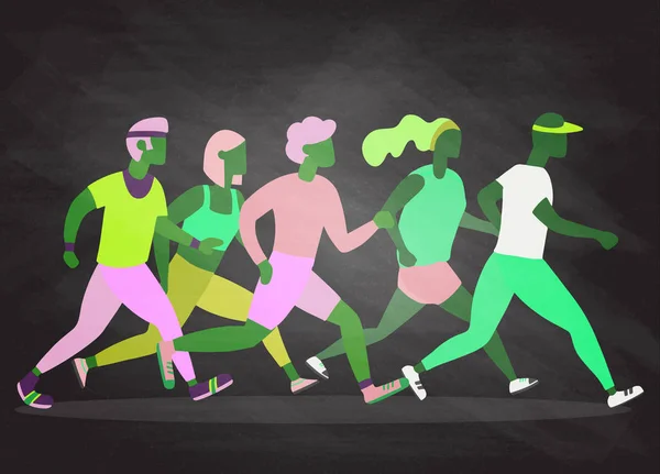 Gente Che Jogging Gruppo Corridori Movimento Correre Uomini Donne Sfondo — Vettoriale Stock