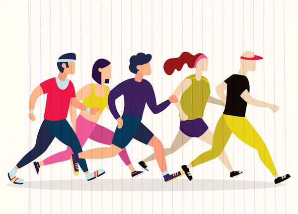 Jogging People Runners Group Motion Running Men Women Sports Background — Stock Vector