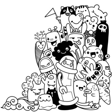 Doodle sevimli canavar arka plan, el çizimi Doodle vektör çizim