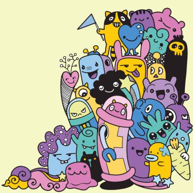 Doodle sevimli canavar arka plan, el çizimi Doodle vektör çizim