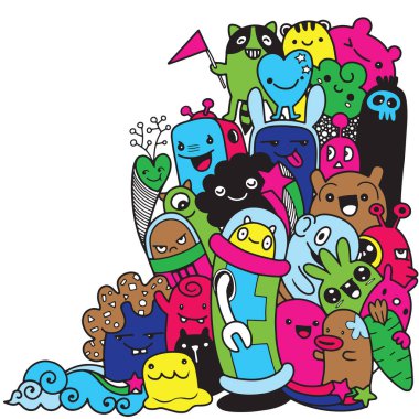 Doodle sevimli canavar arka plan, el çizimi Doodle vektör çizim