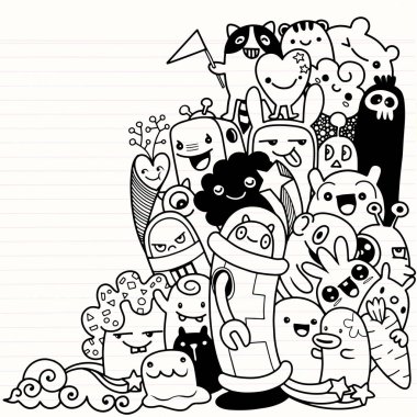 Doodle sevimli canavar arka plan, el çizimi Doodle vektör çizim