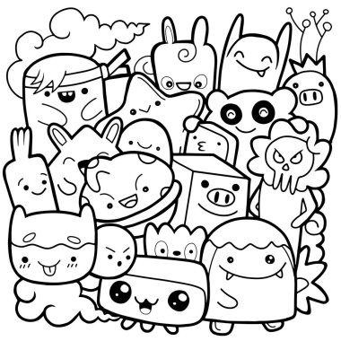 Komik canavarlar, boyama kitabı için sevimli canavar desen. Siyah ve beyaz arka plan. Vektör çizim