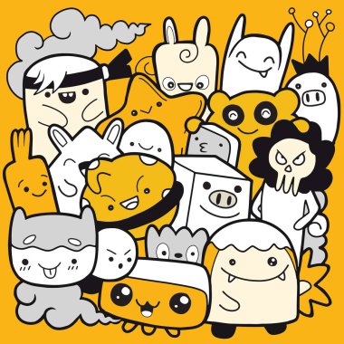 Komik canavarlar, boyama kitabı için sevimli canavar desen. Siyah ve beyaz arka plan. Vektör çizim