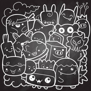 Komik canavarlar, boyama kitabı için sevimli canavar desen. Siyah ve beyaz arka plan. Vektör çizim