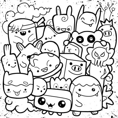 Komik canavarlar, boyama kitabı için sevimli canavar desen. Siyah ve beyaz arka plan. Vektör çizim