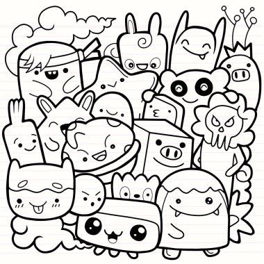 Komik canavarlar, boyama kitabı için sevimli canavar desen. Siyah ve beyaz arka plan. Vektör çizim