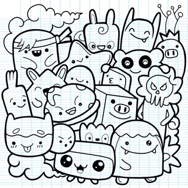 Komik canavarlar, boyama kitabı için sevimli canavar desen. Siyah ve beyaz arka plan. Vektör çizim