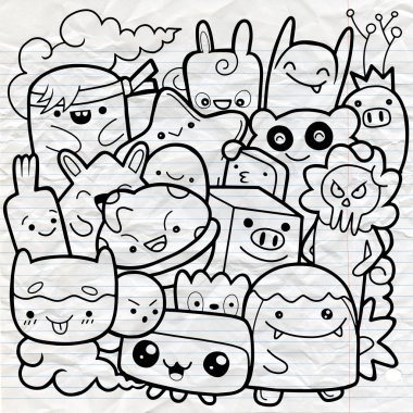 Komik canavarlar, boyama kitabı için sevimli canavar desen. Siyah ve beyaz arka plan. Vektör çizim