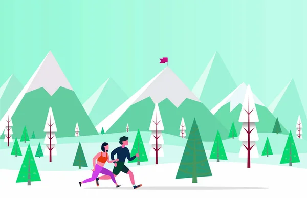 男と女を実行しています ジョギングのカップルは カップルを搭載した冬背景ベクトル図 — ストックベクタ