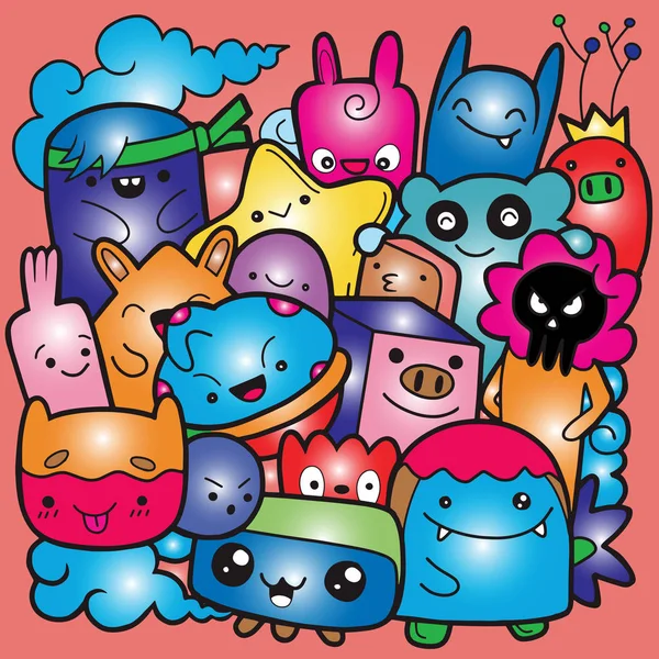 Komik canavarlar, boyama kitabı için sevimli canavar desen. Siyah ve beyaz arka plan. Vektör çizim