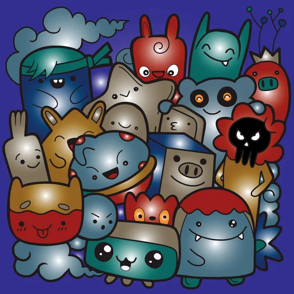 Komik canavarlar, boyama kitabı için sevimli canavar desen. Siyah ve beyaz arka plan. Vektör çizim