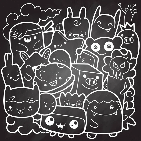 Komik canavarlar, boyama kitabı için sevimli canavar desen. Siyah ve beyaz arka plan. Vektör çizim