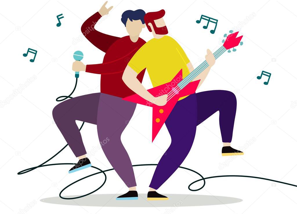 Concert of musical band with guitarist and vocal. Vector illustration