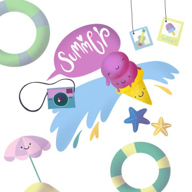 Elle çizilmiş yaz tebrik kartı, dondurma ile davet. illüstrasyon, web reklam.