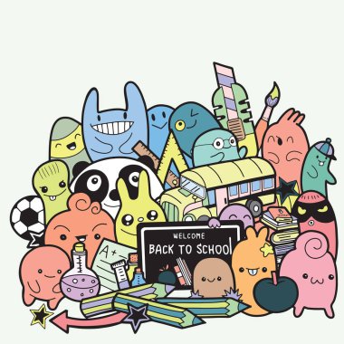 Okuluna geri dön karalamalar, poster iyi kağıt ve Web sitesi duvar kağıtları ambalaj tekstil kumaş tasarımı için hoş geldiniz. Vektör çizim.