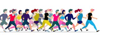 Koşu insanlar. Koşucular grup hareket. Kadın ve erkek spor arka çalışıyor. İnsanlar runner yarış, koşu ve illüstrasyon çalıştıran maraton için eğitim