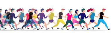 Koşu insanlar. Koşucular grup hareket. Kadın ve erkek spor arka çalışıyor. İnsanlar runner yarış, koşu ve illüstrasyon çalıştıran maraton için eğitim
