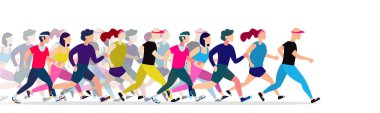 Koşu insanlar. Koşucular grup hareket. Kadın ve erkek spor arka çalışıyor. İnsanlar runner yarış, koşu ve illüstrasyon çalıştıran maraton için eğitim