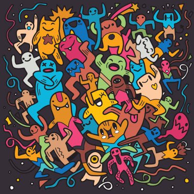 El çizimi Doodle vektör çizim, komik parti insanlar, düz tasarım