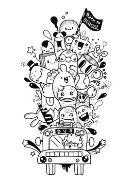 Okul, okul poster şablonu, canavar Doodle tasarımınız için geri grafik okula otobüs geri vektör çizim