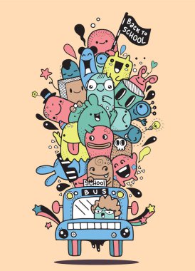 Okul, okul poster şablonu, canavar Doodle tasarımınız için geri grafik okula otobüs geri vektör çizim
