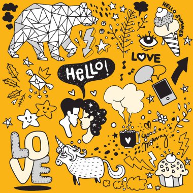 Vektör hat sanatı Doodle çizgi film dizi nesneler ve simgeler Vol.1