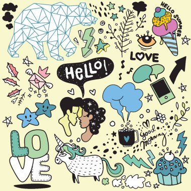 Vektör hat sanatı Doodle çizgi film dizi nesneler ve simgeler Vol.1