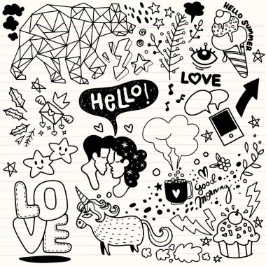 Vektör hat sanatı Doodle çizgi film dizi nesneler ve simgeler Vol.1