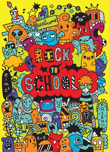 Hand Loting Doodle School Element Illustratie Doodle Van Schattige Monsters — Stockvector