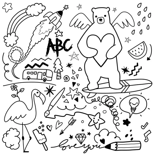 Linha Vetorial Arte Doodle Conjunto Desenhos Animados Objetos Símbolos Vol —  Vetores de Stock