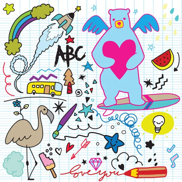 Linha Vetorial Arte Doodle Conjunto Desenhos Animados Objetos Símbolos Vol — Vetor de Stock