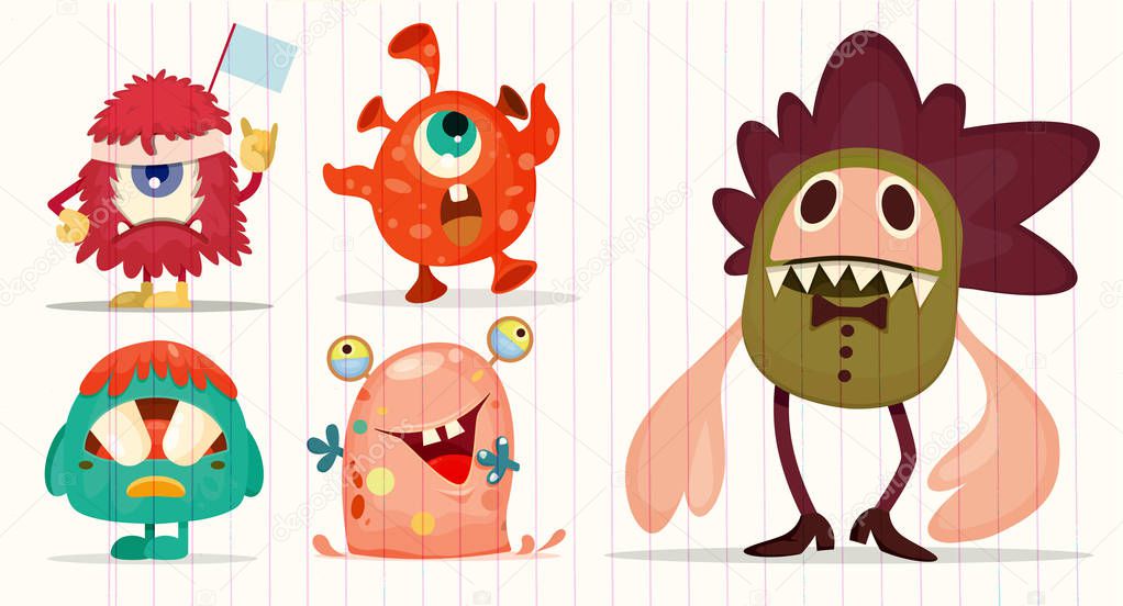 Cartoon Monsters set for Halloween. Vector set of cartoon monsters. Design for print, party decoration, t-shirt, illustration, logo, emblem or sticker