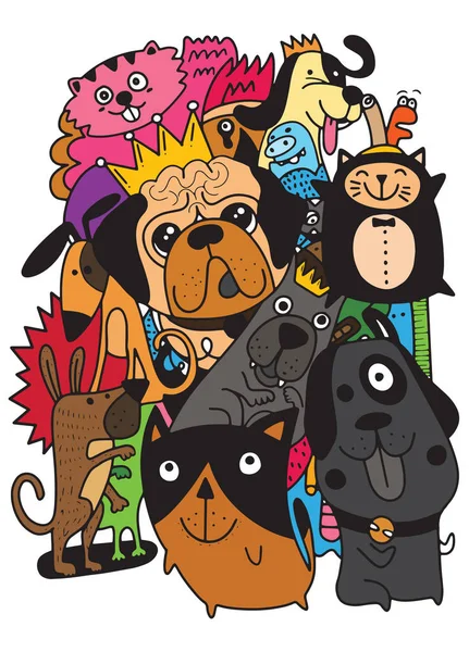 Animales Perros Vector Fondo Mascotas Doodles Dibujadas Mano Lindos Gatos — Vector de stock