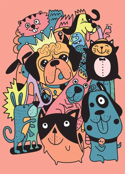 Ζώα Σκυλιά Διάνυσμα Φόντο Χέρι Doodles Κατοικίδια Χαριτωμένα Γάτες Και — Διανυσματικό Αρχείο