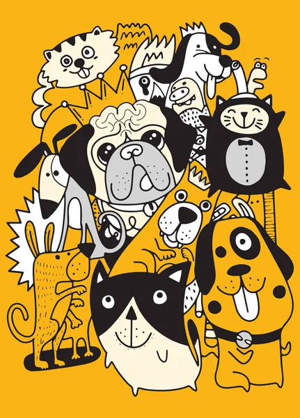 Animales Perros Vector Fondo Mascotas Doodles Dibujadas Mano Lindos Gatos — Vector de stock